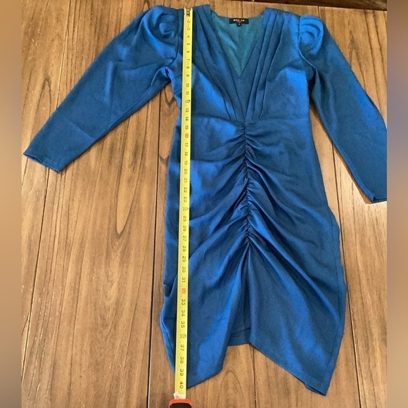 Beulah blue Ruched v Neck 3/4 Sleeve bodycon knee mini cocktail Dress s - Picture 5 of 10